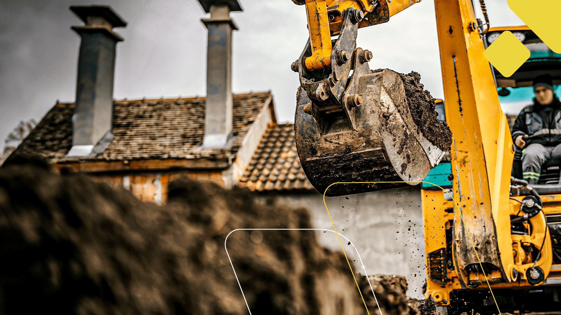 Obra em andamento com escavadeira, contexto de regularização de construção